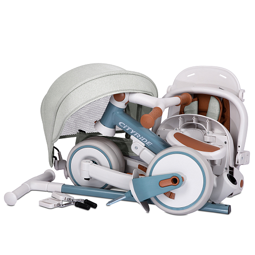 Детский трехколесный велосипед "CITYRIDE". Рама алюминий, может трансформироваться, подножки, колеса 8/7 EVA, капюшон, род. ручка, сине-серый в Джамбо Тойз #12