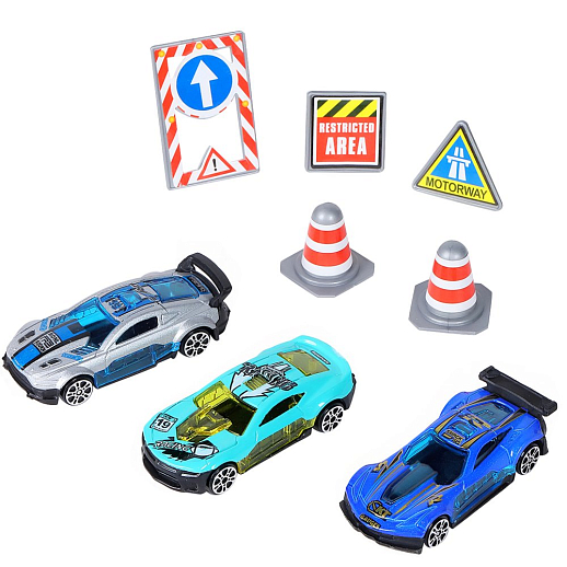 AUTODRIVE Набор металлических машинок, Гоночные машины 3шт с дорожными знаками в/к 23*17,5*4см. в Джамбо Тойз #3