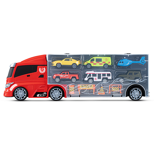 AUTODRIVE Автовоз с набором транспорта, в компл. 5 машинок,вертолет,4 знака, в/к 41*14,5*10 см в Джамбо Тойз #3