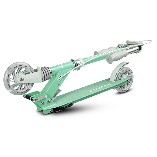 Двухколесный самокат CITY-RIDE 120, ал. 100%. Аморт. передний. Колеса PU 120/120 мм. Подшипники: Abec-9. Грипсы: резина. Хомуты анод, замок на руле. Ручной задний тормоз, зеленый в Джамбо Тойз #4
