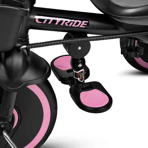Детский 3хкол. велосипед ”CITYRIDE“ Рама сталь, наклонный руль из магнезия, колясочная крыша, ручка управления с подстаканником, 2 корзины. Колеса EVA 10/8, подножки, тормоза, бампер безопасности. Розово-черный в Джамбо Тойз #15