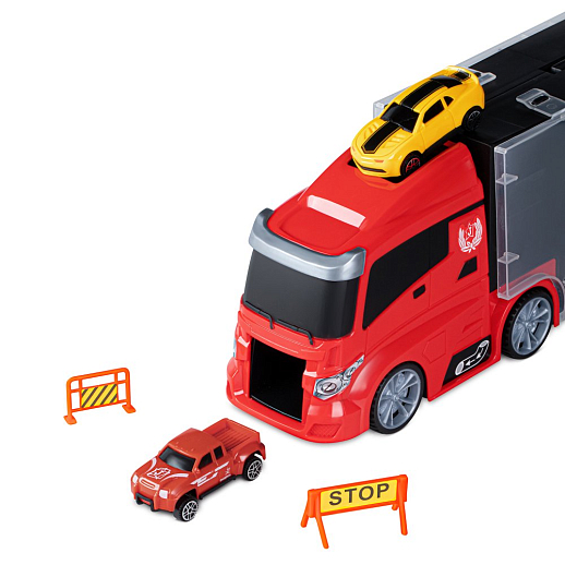 AUTODRIVE Автовоз с набором транспорта, в компл. 5 машинок,вертолет,4 знака, в/к 41*14,5*10 см в Джамбо Тойз #25