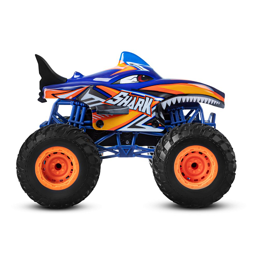 Р/у Монстр-трак Акула, перевертыш, 1:16, 4WD, 3D подсветка корпуса, гироскоп: может ездить на двух колесах, звук.эффекты, цвет голубой с оранжевым, с аккум., в/к 24*20*26 см в Джамбо Тойз #4
