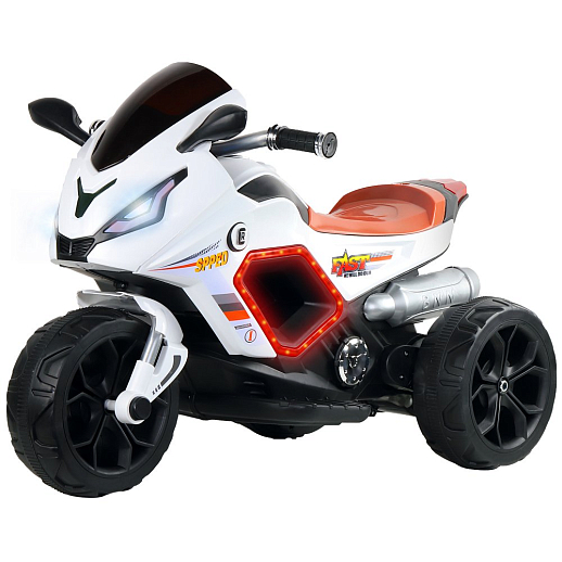 Электромотоцикл детский трехколесный на аккумуляторе с функцией водяного пара, 2 двигателя, USB, MP3, колеса пластик, свет LED. Цвет белый в Джамбо Тойз