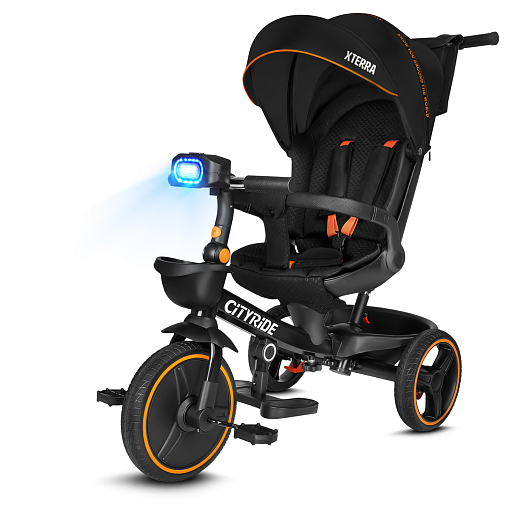 Трехколесные велосипед CITYRIDE, металл,  колеса PVC 12"/10", попрот. наколон. Сиденье с крышей,  род ручка, наклон руль, функц. фара, тормоз, корзинка в Джамбо Тойз