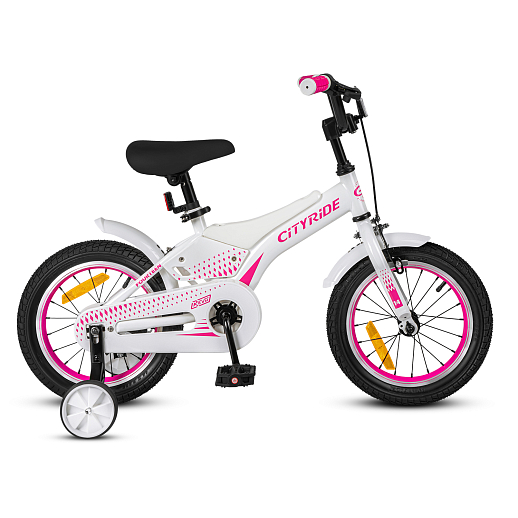 Детский велосипед "Cityride REVO", модель CR-B2-05, рама сталь, кожух цепи 100%, обода алюм. 14", втулки сталь, покрышки 2,125, страх. колеса, руль сталь. вынос сталь, задние ножные тормоза, передний клещевой, крылья пластик, отражатели пер/зад и на спицах, цвет белый розовый в Джамбо Тойз #3
