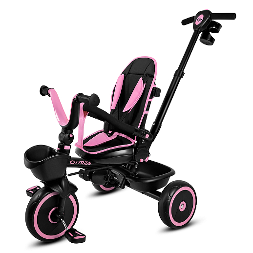 Детский 3хкол. велосипед ”CITYRIDE“ Рама сталь, наклонный руль из магнезия, колясочная крыша, ручка управления с подстаканником, 2 корзины. Колеса EVA 10/8, подножки, тормоза, бампер безопасности. Розово-черный в Джамбо Тойз #2