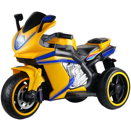 Электромотоцикл детский трёхколёсный на аккумуляторе, USB, MP3, колеса пластик, свет LED. Размер 115*52*77 . Цвет желтый в Джамбо Тойз