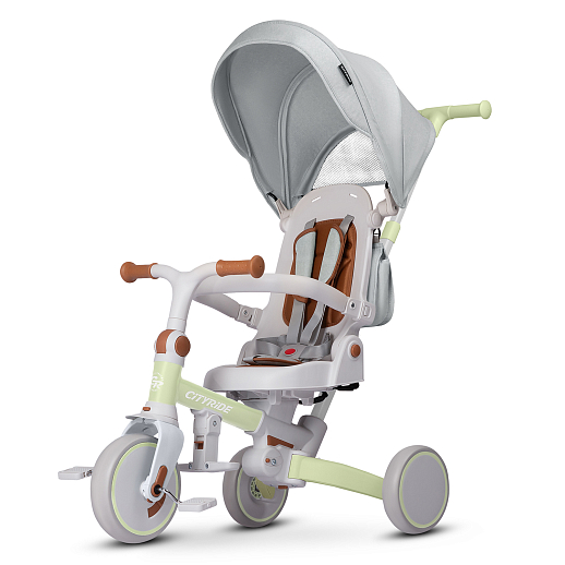 Детский трехколесный велосипед "CITYRIDE". Рама алюминий, может трансформироваться, подножки, колеса 8/7 EVA, капюшон, род. ручка,  зелено-серый в Джамбо Тойз #2