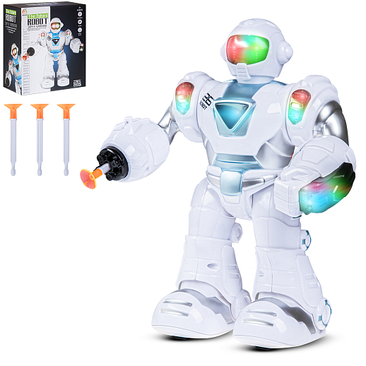 Робот на батарейках, стреляет ракетами, ходит, свет, звук, цвет белый/голубой, в/к 22*19*11,3см в Джамбо Тойз