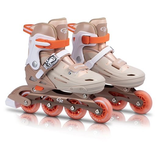 Роликовые коньки CITYRIDE, PU колеса, алюминиевая рама, переднее колесо со светом, подшипники ABEC 7, пластиковый мысок, бежевый-оранжевый, в/к 5сл гофорокартон в Джамбо Тойз #9