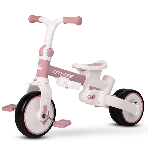 Детский трехколесный велосипед "CITYRIDE". Рама алюминий, может трансформироваться, подножки, колеса 8/7 EVA, капюшон, род. ручка, розовый в Джамбо Тойз #8