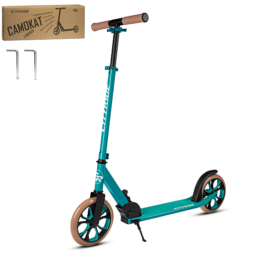 Двухколесный самокат CITYRIDE 200, ал. 50/50%, t-bar сталь, грипсы 135мм TPR, колеса PU 200/200, 86A, подножка, abec 9, зеленый в Джамбо Тойз
