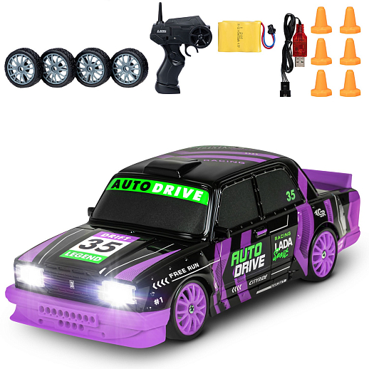 AUTODRIVE Р/У Машина для дрифта LADA 2105,М1:24,2.4GHz,4WD,свет фар,4 доп.колеса,конусы,с аккум.,цв. черный с фиолет.акцентами,в/к 24*10,3*23,7см в Джамбо Тойз #12