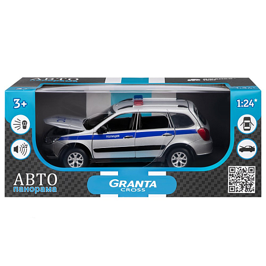Машинка металлическая Автопанорама, инерционная, коллекционная модель LADA GRANTA CROSS "Полиция" масштаб 1:24, свет, звук, открываются 4 двери, капот, багажник,серебряный, в/к 24,5*12,5*10,5 см в Джамбо Тойз #3