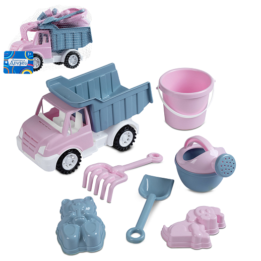 ТМ "Компания Друзей" Грузовик с песочн. Набором розово-голубой  (в комп. лопатка и грабли 14,5 см, ведро 0,4 л., лейка 0,2л, 2 формочки) 24 х 11 х 15 см в Джамбо Тойз