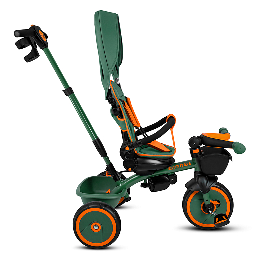 Детский 3хкол. велосипед ”CITYRIDE“ Рама сталь, наклонный руль из магнезия, колясочная крыша, ручка управления с подстаканником, 2 корзины. Колеса EVA 10/8, подножки, тормоза, бампер безопасности. Оранжево-зеленый. в Джамбо Тойз #5