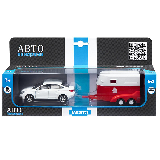 ТМ "Автопанорама" Машинка металлическая 1:43, LADA VESTA белая, откр. 2 двери., инерция + прицеп для лошади в Джамбо Тойз #4