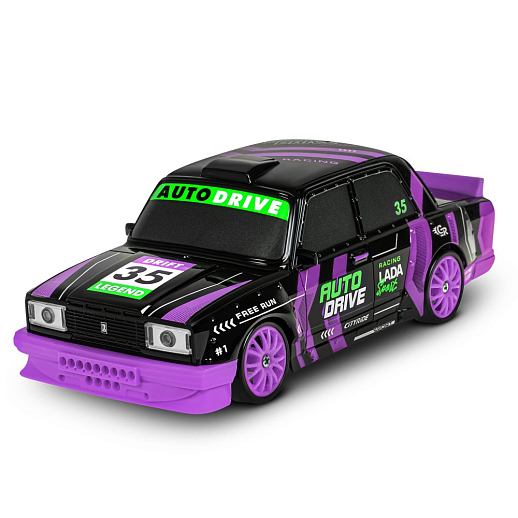 AUTODRIVE Р/У Машина для дрифта LADA 2105,М1:24,2.4GHz,4WD,свет фар,4 доп.колеса,конусы,с аккум.,цв. черный с фиолет.акцентами,в/к 24*10,3*23,7см в Джамбо Тойз #6