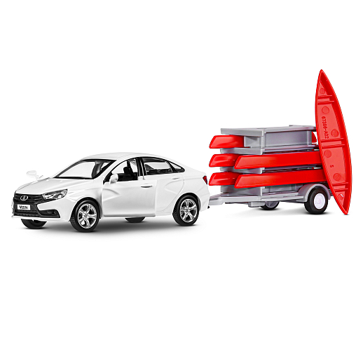 ТМ "Автопанорама" Машинка металлическая 1:43, LADA VESTA белая, откр. 2 двери., инерция + прицеп с лодками в Джамбо Тойз #6
