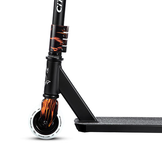 Трюковый самокат CITYRIDE, T-bar сталь 50*53см, дека алюм.48*10см, колеса PU 86A 100мм, пластик диск, вилка резьб., хомут 4б., цвет черный/огонь  в Джамбо Тойз #6