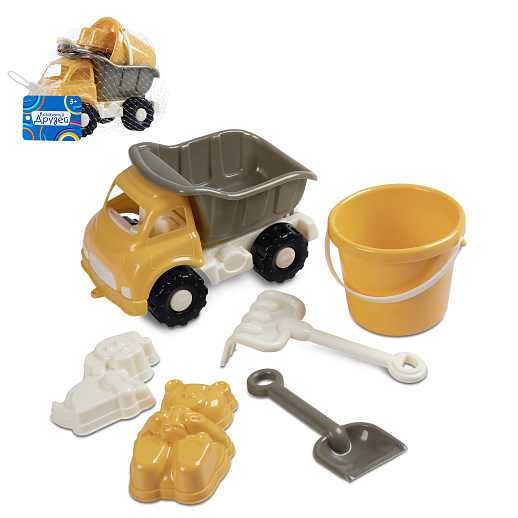 ТМ "Компания Друзей" Грузовик с песочн. Набором охра-коричневый  (в комп. лопатка и грабли 14,5 см, ведро 0,4 л., 2 формочки) 19,5 х 12 х 11 см в Джамбо Тойз