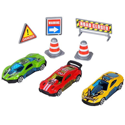 AUTODRIVE Набор металлических машинок, Гоночные машины 3шт с дорожными знаками в/к 23*17,5*4см. в Джамбо Тойз #3