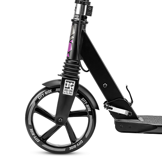Двухколесный самокат CITYRIDE 200, 100% алюм., диск.тормоз. Дека: 46,5*13,5 см., руль: 90,5-105,5 см. Подножка. Аморт. передний/задний. Колеса PU 200/200 мм. Подшипники: Abec-9. Грипсы: резина. Хомуты хром, замок на руле. Ручной дисковый задний тормоз. в Джамбо Тойз #5