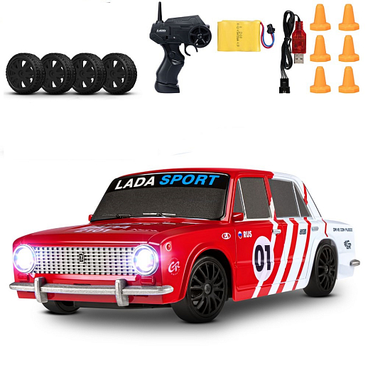 AUTODRIVE Р/У Машина для дрифта LADA 2101,М1:24,2.4GHz,4WD,свет фар,4 доп.колеса,конусы,с аккум.,цв. красный с белыми акцентами,в/к 24*10,3*23,7см в Джамбо Тойз #19