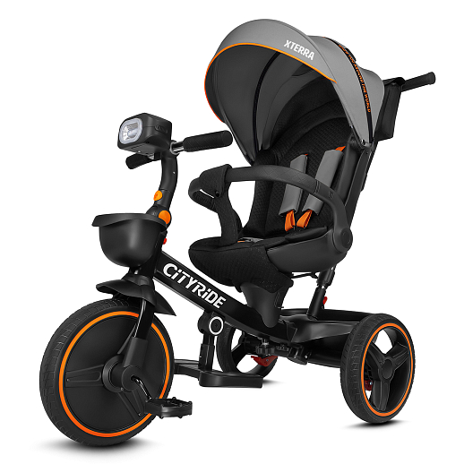 Трехколесные велосипед CITYRIDE, металл,  колеса PVC 12"/10", попрот. наколон. Сиденье с крышей,  род ручка, наклон руль, функц. фара, тормоз, корзинка в Джамбо Тойз #3