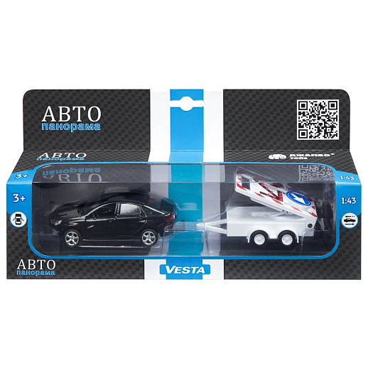 ТМ "Автопанорама" Машинка металлическая 1:43, LADA VESTA черная, откр. 2 двери., инерция + прицеп с дорожными знаками в Джамбо Тойз #3