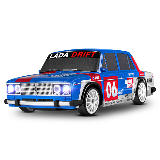 AUTODRIVE Р/У Машина для дрифта LADA 2106,М1:24,2.4GHz,4WD,свет фар,4 доп.колеса,конусы,с аккум.,цв.синий/серебро/красн.,в/к 24*10,3*23,7см в Джамбо Тойз #7