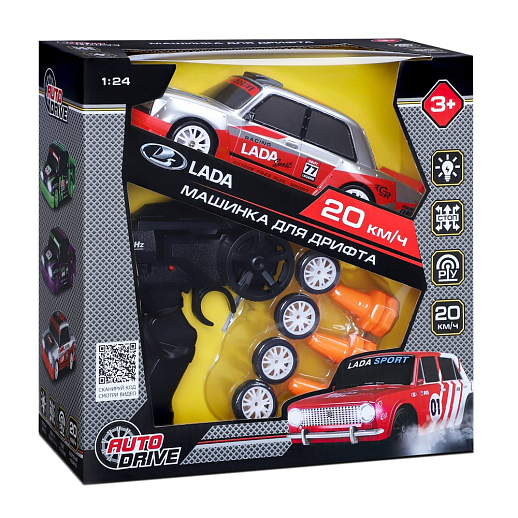 AUTODRIVE Р/У Машина для дрифта LADA 2105,М1:24,2.4GHz,4WD,свет фар,4 доп.колеса,конусы,с аккум.,цв. серебристый с красн.акцентами,в/к 24*10,3*23,7см в Джамбо Тойз #2