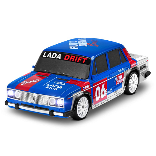 AUTODRIVE Р/У Машина для дрифта LADA 2106,М1:24,2.4GHz,4WD,свет фар,4 доп.колеса,конусы,с аккум.,цв.синий/серебро/красн.,в/к 24*10,3*23,7см в Джамбо Тойз #5
