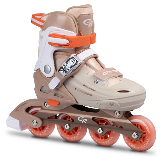 Роликовые коньки CITYRIDE, PU колеса, алюминиевая рама, переднее колесо со светом, подшипники ABEC 7, пластиковый мысок, бежевый-оранжевый, в/к 5сл гофорокартон в Джамбо Тойз #12