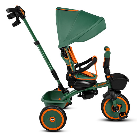 Детский 3хкол. велосипед ”CITYRIDE“ Рама сталь, наклонный руль из магнезия, колясочная крыша, ручка управления с подстаканником, 2 корзины. Колеса EVA 10/8, подножки, тормоза, бампер безопасности. Оранжево-зеленый. в Джамбо Тойз #4