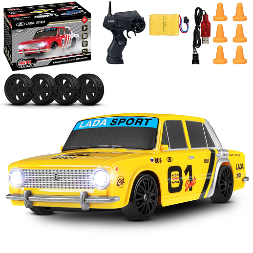 AUTODRIVE Р/У Машина для дрифта LADA 2101,М1:24,2.4GHz,4WD,свет фар,4 доп.колеса,конусы,с аккум.,цв. желтый/серебро/черн.,в/к 20,5*13*13см в Джамбо Тойз