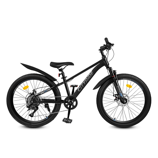 Велосипед CITYRIDE 24", модель CR-B2-SH03, рама сталь, обода двойные алюминий, трансмиссия 1*9 ск, амортизационная вилка, дисковые мех. тормоза цвет чёрный в Джамбо Тойз #2