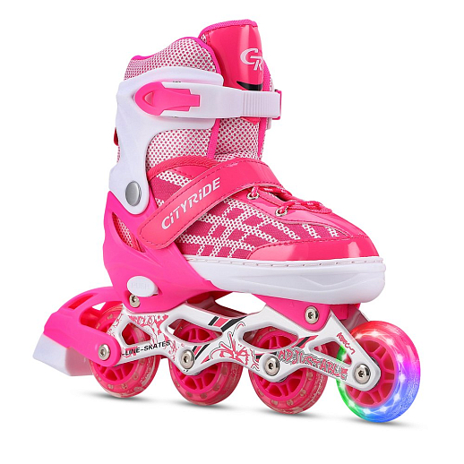 "CITY-RIDE" Комплект (ролики, защита, шлем, конусы 5 шт), переднее колесо со светом, S размер (29-33), ABEC 7, цвет розов в н/сумке в Джамбо Тойз #14