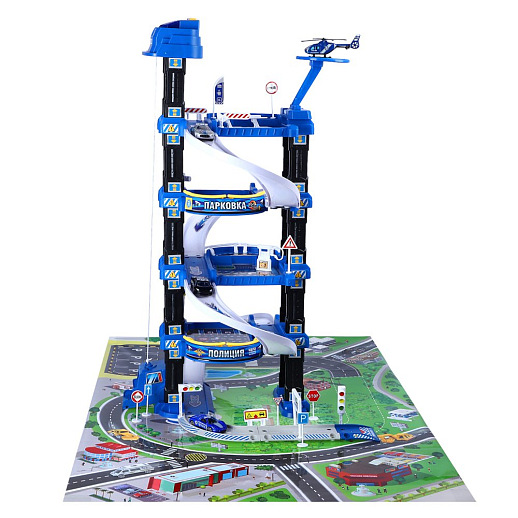 AUTODRIVE Парковка "Полиция" с автоматическим лифтом, светом,звуками,озвуч.на рус.языке. В компл: металлический транспорт 4шт., игровой коврик 78*58 см в Джамбо Тойз #5