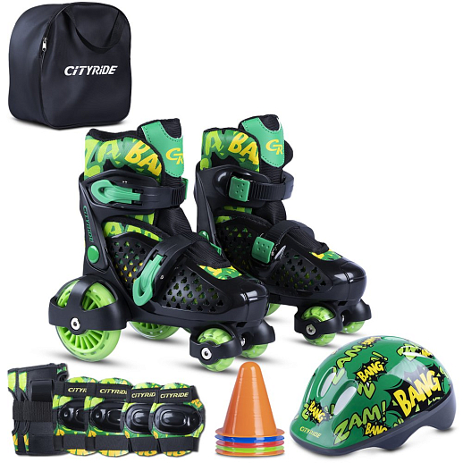 Набор CITYRIDE роликовые коньки-квады, шлем, защита, пластиковый мысок, колёса PU 80 и 40 мм, подшипники ABEC 5 углеродистая сталь, шлем белый пенополистирол, защита текстиль с пластиковыми накладками, 5 конусов в комплекте, вес до 40 кг, чёрный-зелёный, в н-сумке в Джамбо Тойз