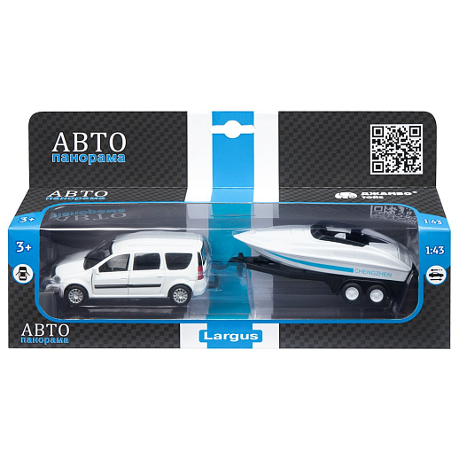 ТМ "Автопанорама" Машинка металлическая 1:43, LADA LARGUS белая, откр. 2 двери., инерция + прицеп с катером в Джамбо Тойз #3