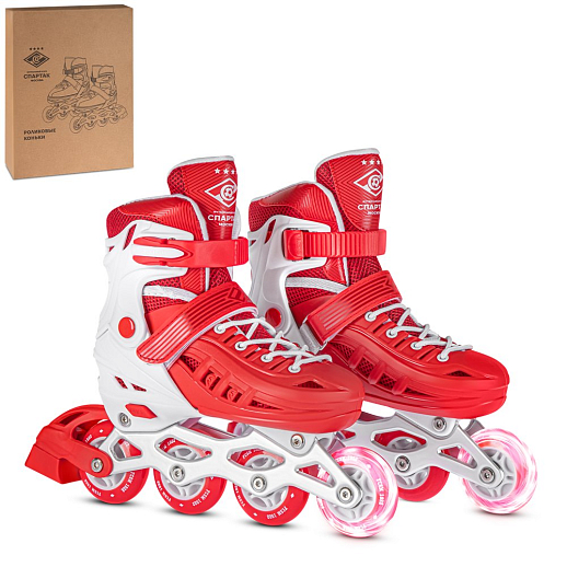 Роликовые коньки ФК Спартак, красный-белый, PU колеса, переднее колесо со светом, подшипники ABEC 7, пластиковый мысок, в/к 5сл гофорокартон в Джамбо Тойз
