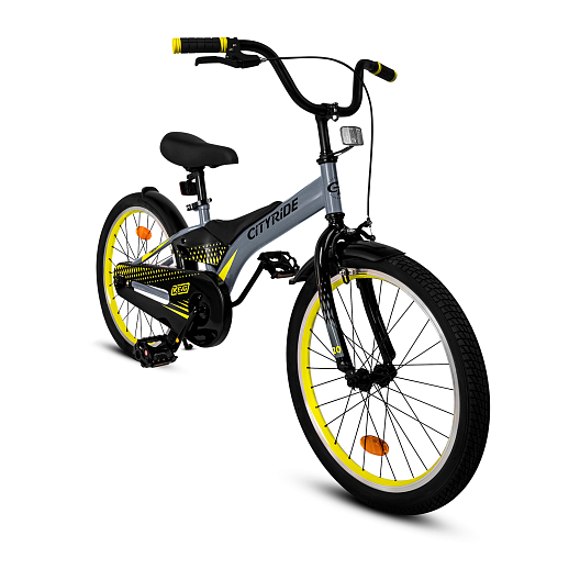 Детский велосипед "Cityride REVO", модель CR-B2-05, рама сталь, кожух цепи 100%, обода алюм. 20", втулки сталь, покрышки 2,125, подножка, руль сталь. вынос сталь, задние ножные тормоза, передний клещевой, крылья пластик, отражатели пер/зад и на спицах, цвет серый-жёлтый в Джамбо Тойз