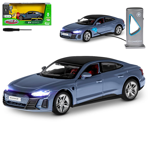 Машинка металлическая 1:36 Audi RS e-tron GT с зарядной станцией, серый, свет, звук, откр. двери и капот, инерция, в/к 20,6*9,*9 см в Джамбо Тойз