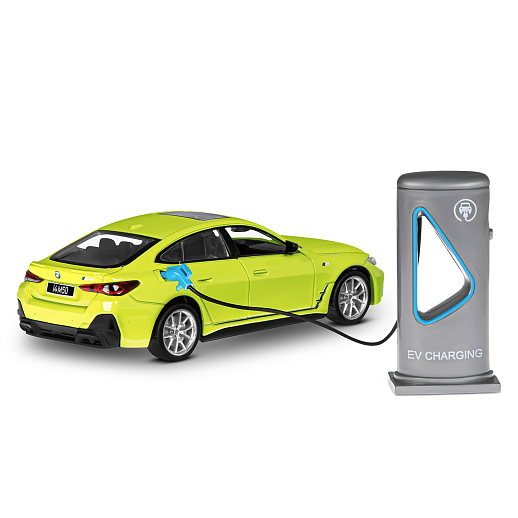 Машинка металлическая 1:34 BMW I4 M50 с зарядной станцией, желтый, свет, звук, откр. двери и капот, инерция, в/к 20,6*9,*9 см в Джамбо Тойз #9