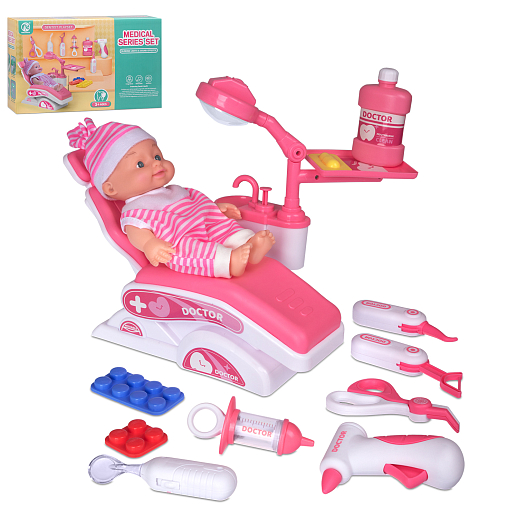 Игровой набор "Кресло стоматолога" с пупсом, розовое, (10 предметов) в/к 32х9,5х19,5 см в Джамбо Тойз