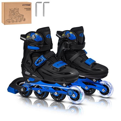 Роликовые коньки CITYRIDE, PU колеса, алюминиевая рама, переднее колесо со светом, подшипники ABEC 7, пластиковый мысок, чёрный-синий, в/к 5сл гофорокартон в Джамбо Тойз