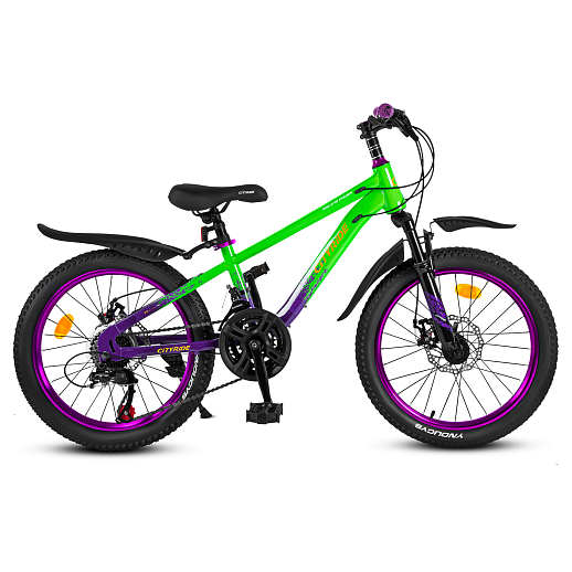 Велосипед двухколёсный CITYRIDE, модель CR-B2-12S, рама сталь, колеса 20" алюминиевые двойный обода, 21 скорость, амортизационная вилка, дисковые мех. тормоза, цвет зеленый-фиолетовый в Джамбо Тойз #2