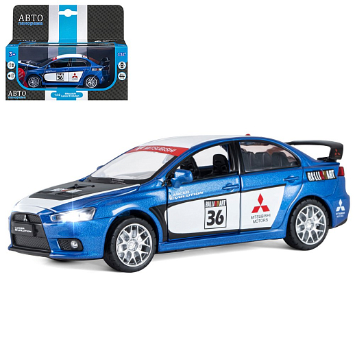 ТМ "Автопанорама" Машинка металлическая 1:32  Mitsubishi Lancer Evolution, синий, откр. двери, капот и  багажник, свет, звук, инерция, в/к 17,5*13,5*9 см в Джамбо Тойз